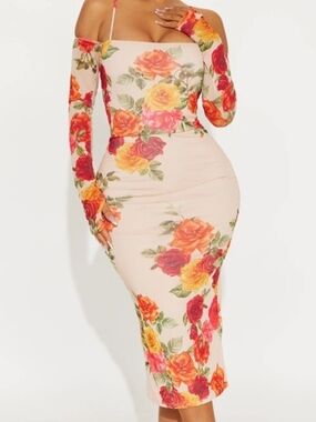 Floral Off-Shoulder Bodycon Dress in Cream with Red & Yellow Roses